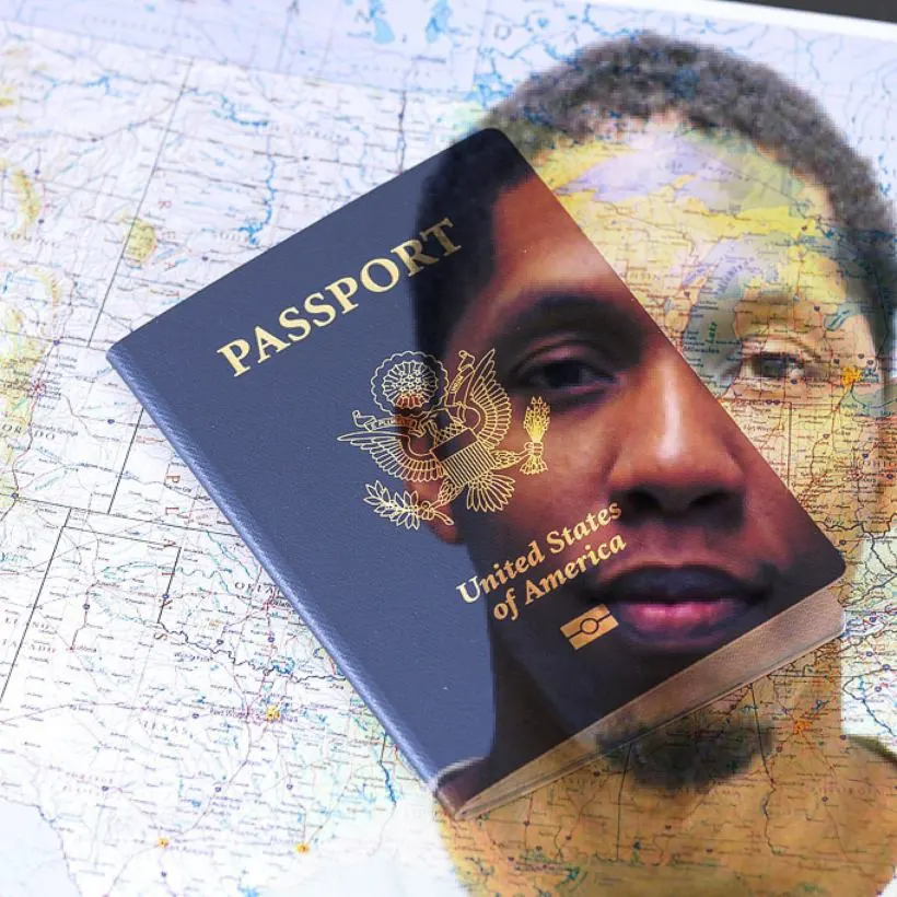 Passport laid over a map of the United States, with a face blended into the map behind it
